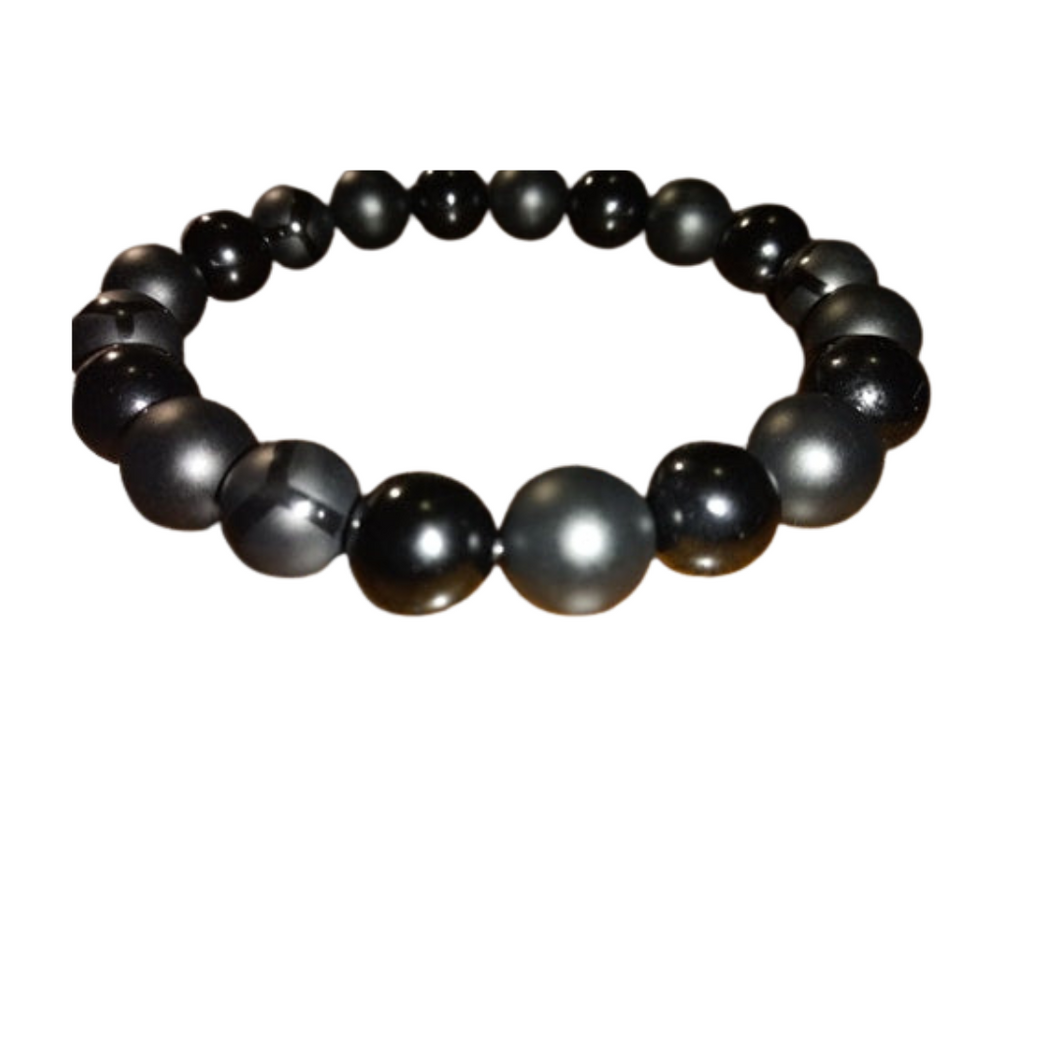 BLACK ONYX & BLACK JASPER BEADED BRACELET