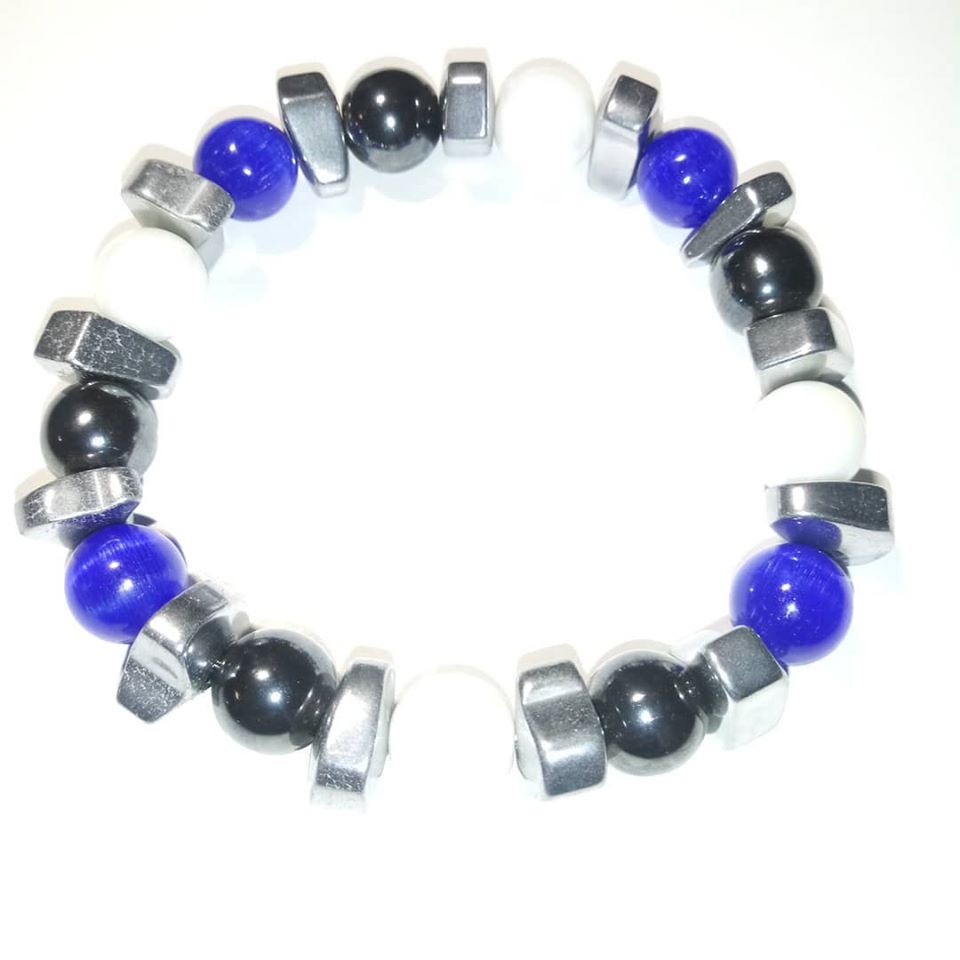 BLUE & WHITE HEMATITE BEADED BRACELET